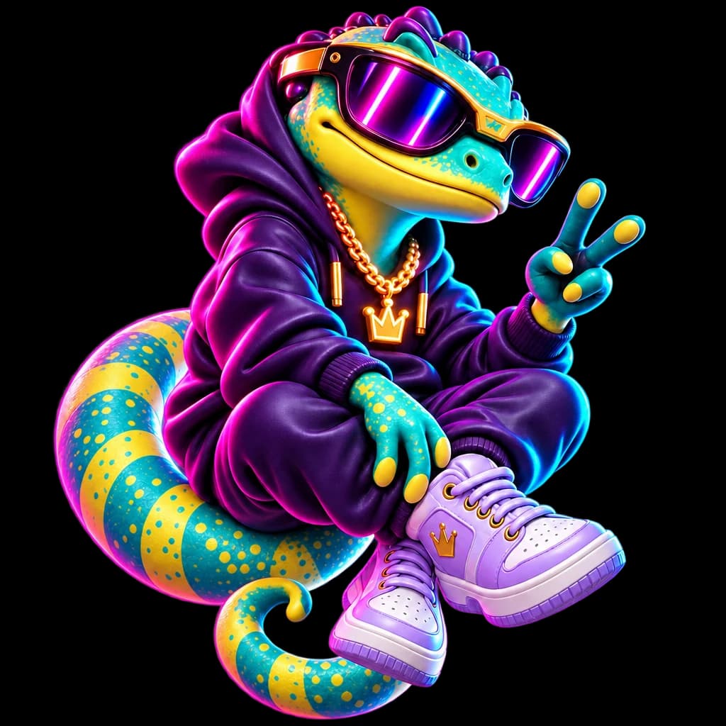 The Tekno’s gecko in a purple hoodie and neon sunglasses, throwing a peace sign.
